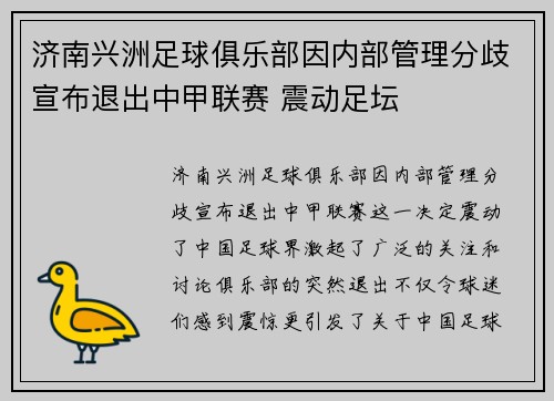 济南兴洲足球俱乐部因内部管理分歧宣布退出中甲联赛 震动足坛 济南兴洲足球俱乐部因内部管理分歧宣布退出中甲联赛 震动足坛